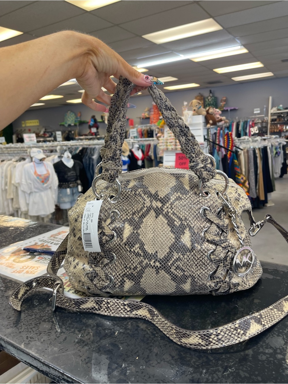 Michael Kors Beige and Gray Snake-Print Satchel